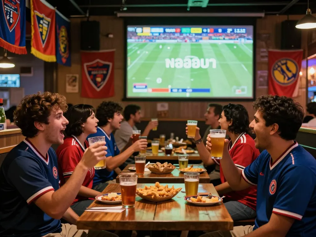 Fans celebrating at a sports bar watching ผลบอล during a live football match.
