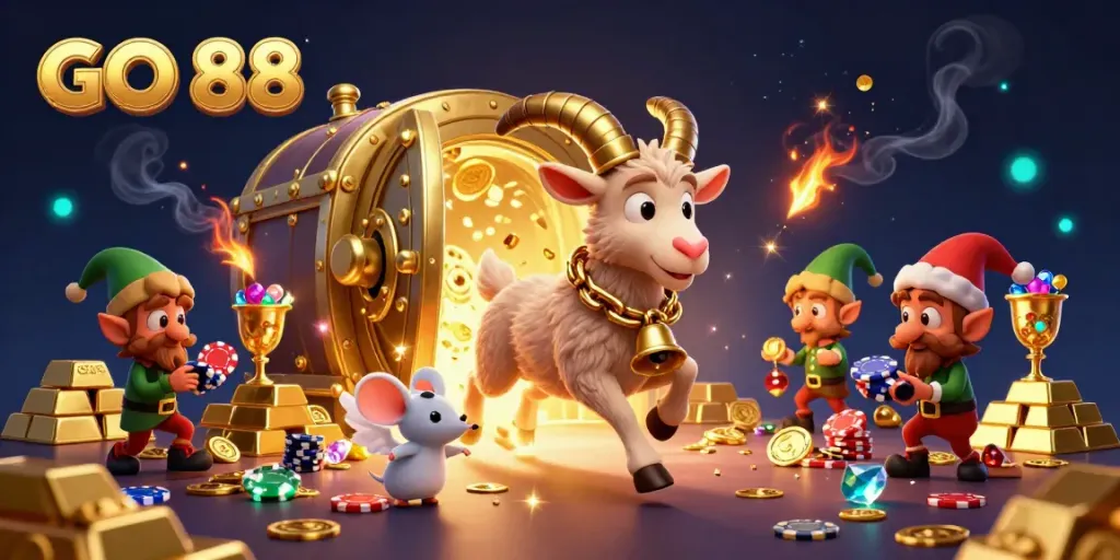 Engage in the dynamic casino action at GO 88 with festive Krampus, an angel mouse, and elf gremlins stealing chips.