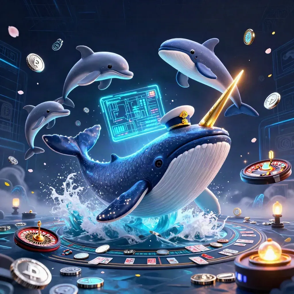 Whale captain, narwhal, and dolphins burst through coins in a neon casino storm.