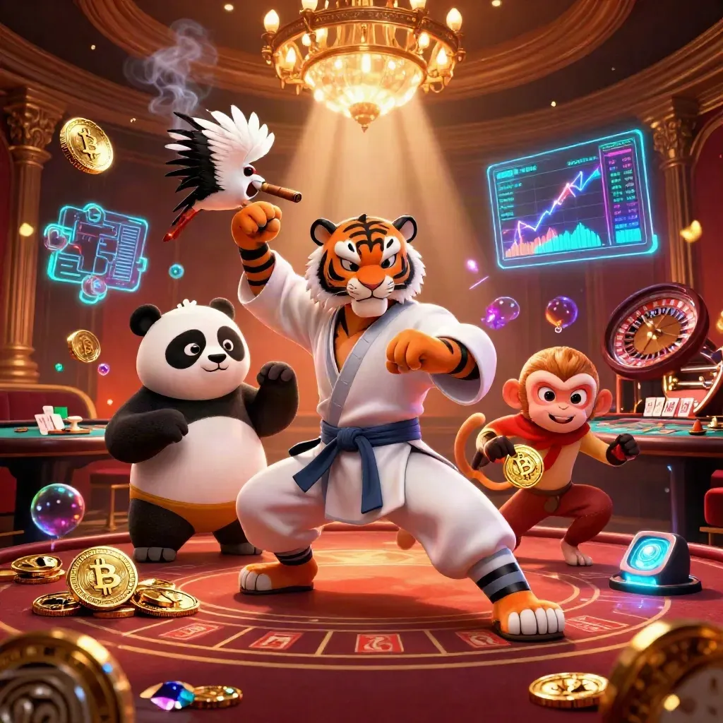 Kung-fu tiger, panda, and monkey in a neon casino room with wheel, cards, and glowing coins.