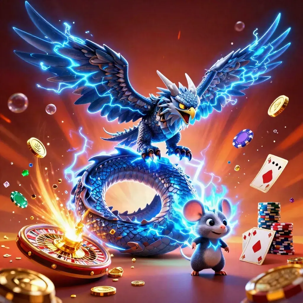 Thunder dragon, wind hawk, and static mouse amid coins, gems, roulette wheel, and chips.