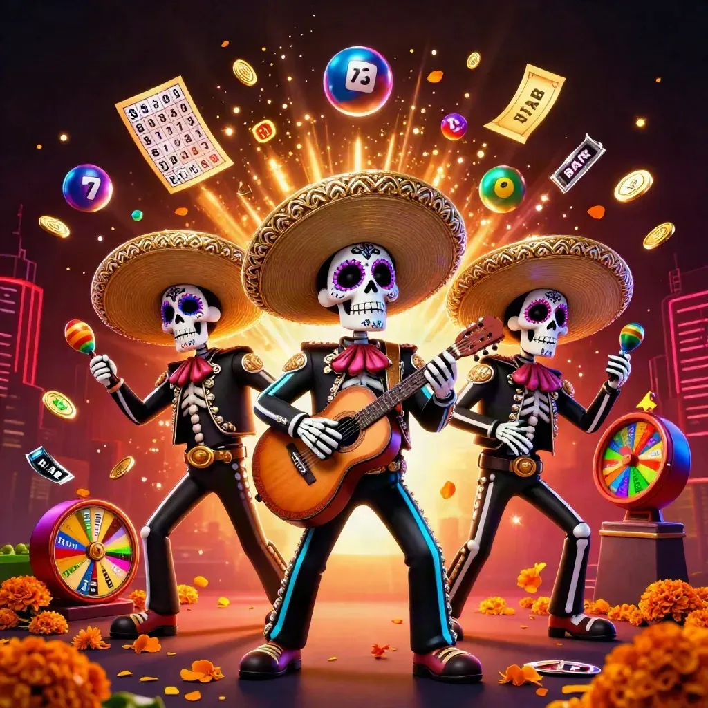 Day-of-the-Dead skeleton mariachi trio amid casino bursts, neon lights, and gold confetti.