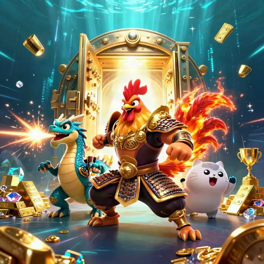 Rooster warrior, dragon hatchling, and fortune-cat burst from a gold vault underwater.