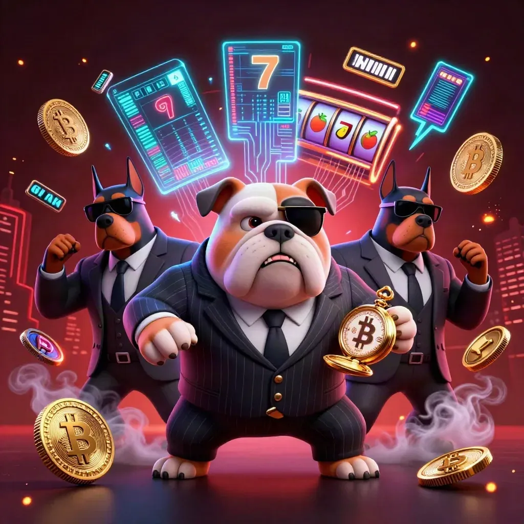 Bulldog mob boss with two Dobermans amid neon coins, lightning, reels, and skyline glow.