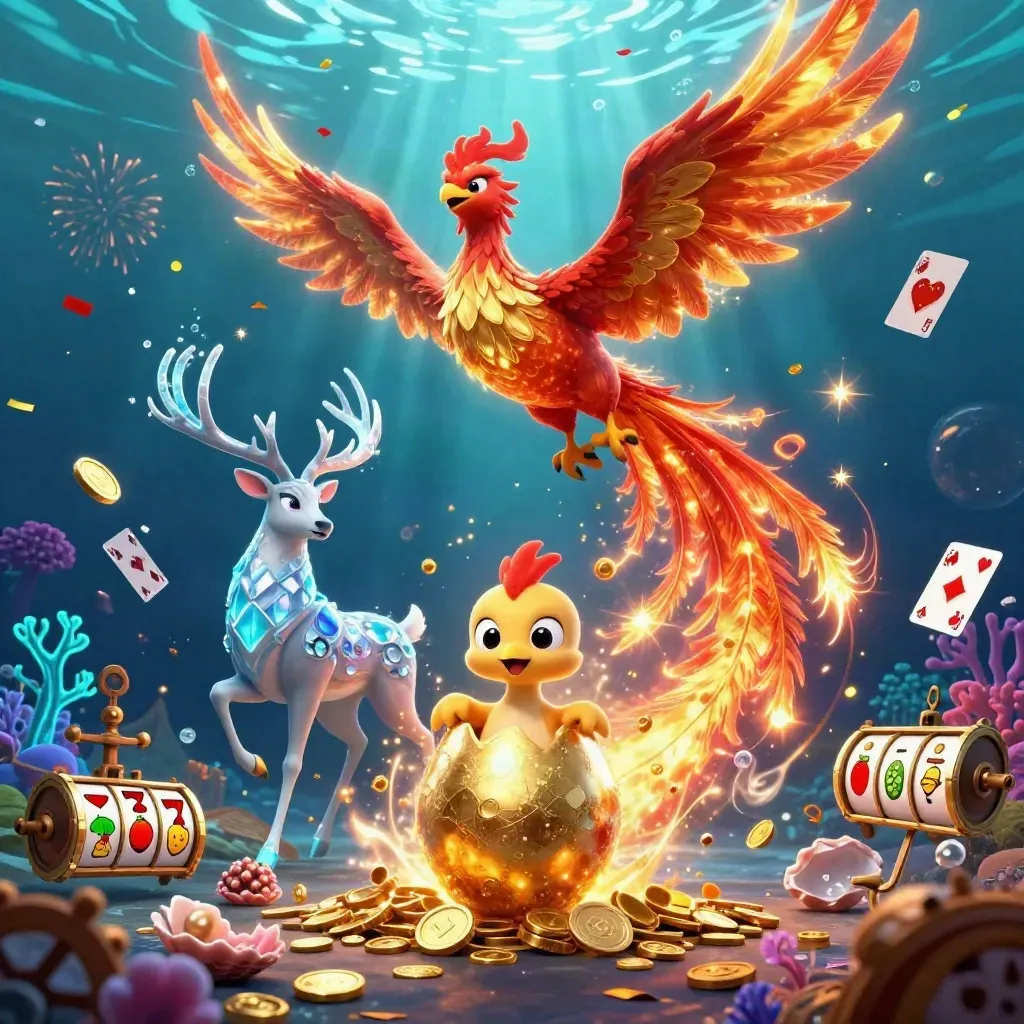Phoenix, baby phoenix, and crystalline stag burst through a neon underwater casino treasure cove.