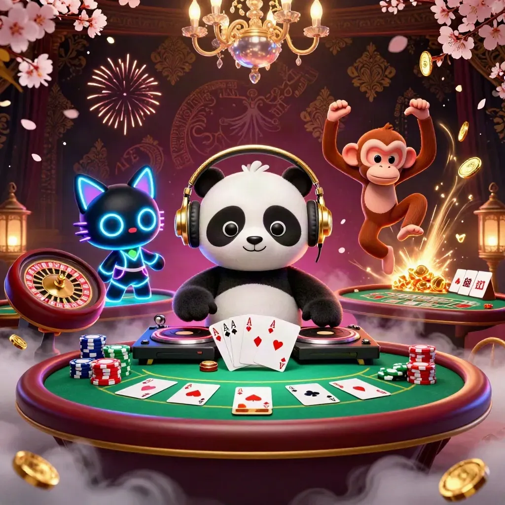 DJ panda, dancing monkey and rave kitten amid casino gold, chips and neon blue effects.