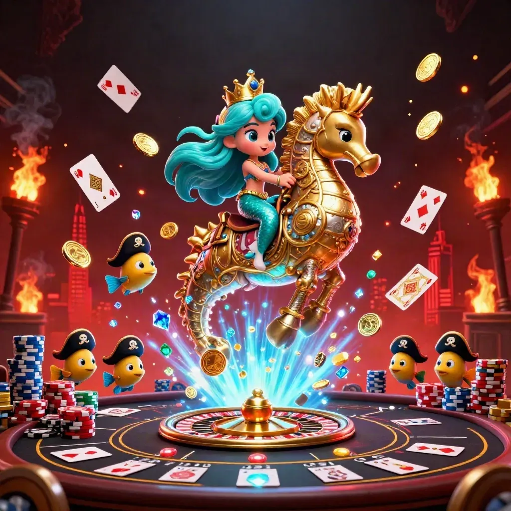 Mermaid princess on a golden seahorse amid coins, cards, chips, and casino glow