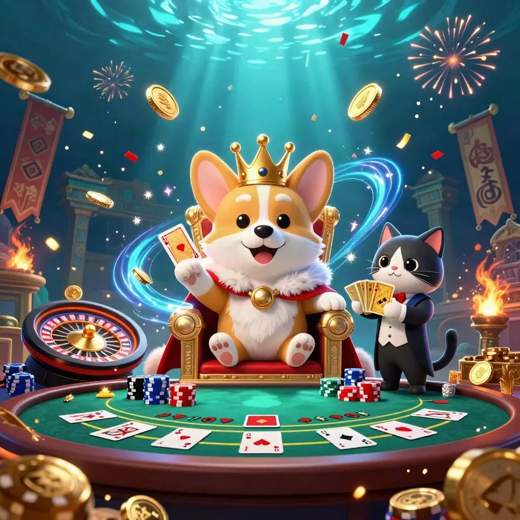 Crowned corgi and cat butler amid casino treasures, coins, fireworks, and neon light.