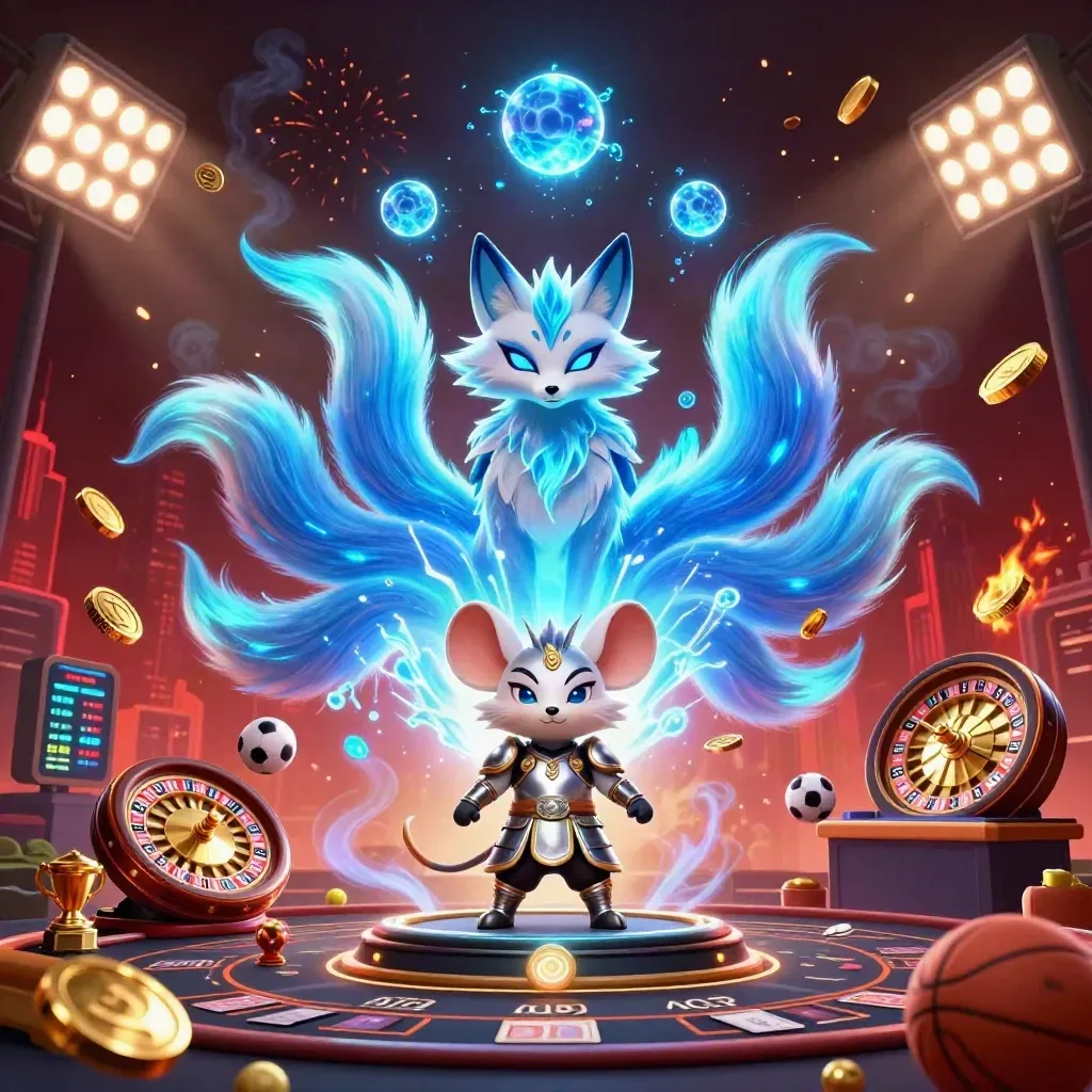 Fox spirit and samurai mouse amid coins, sports balls, neon lights, vault burst, and casino props.