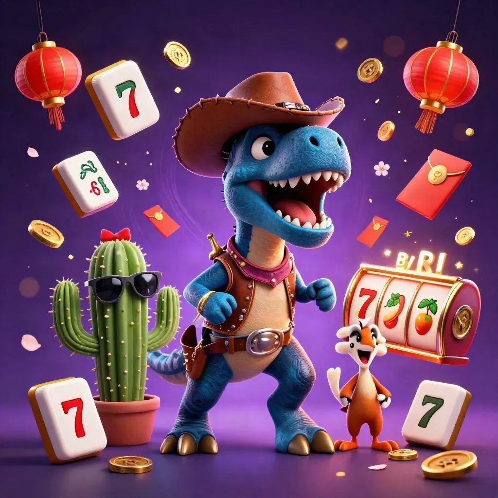 Cowboy T-Rex, cactus, and roadrunner amid casino symbols in neon blue and cyan