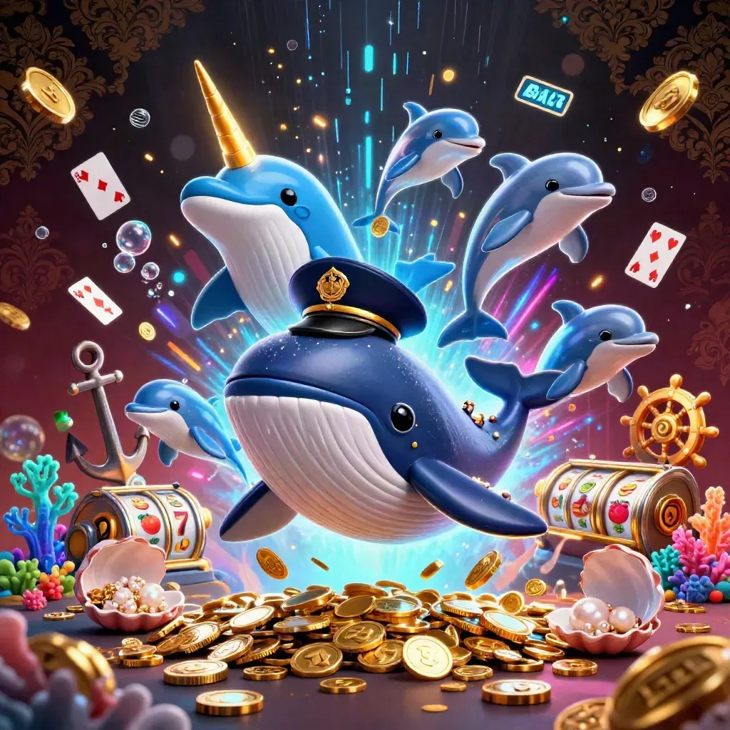 Whale captain, narwhal, and dolphins in a neon casino treasure cove with coins, reels, and electric effects.