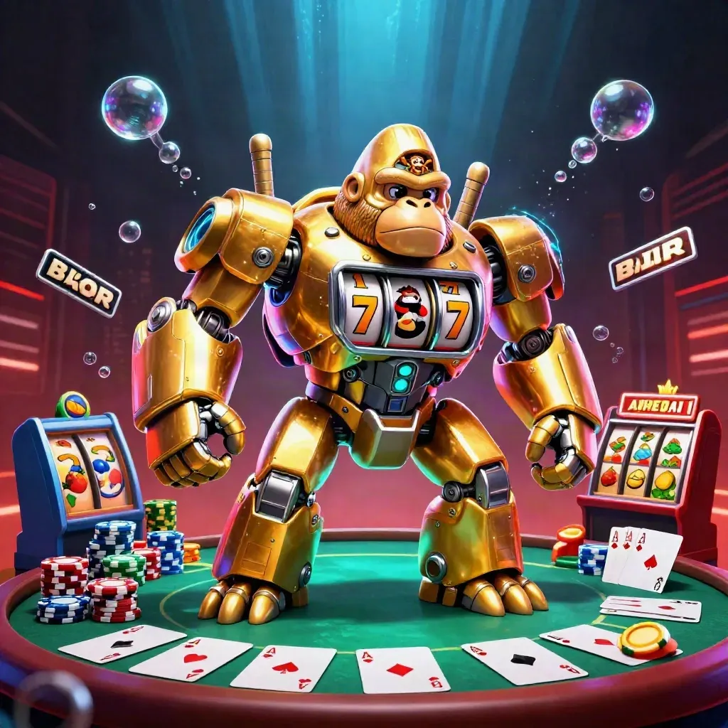 Golden gorilla mech with monkey pilot, casino cards, chips, reels, and neon blue glow