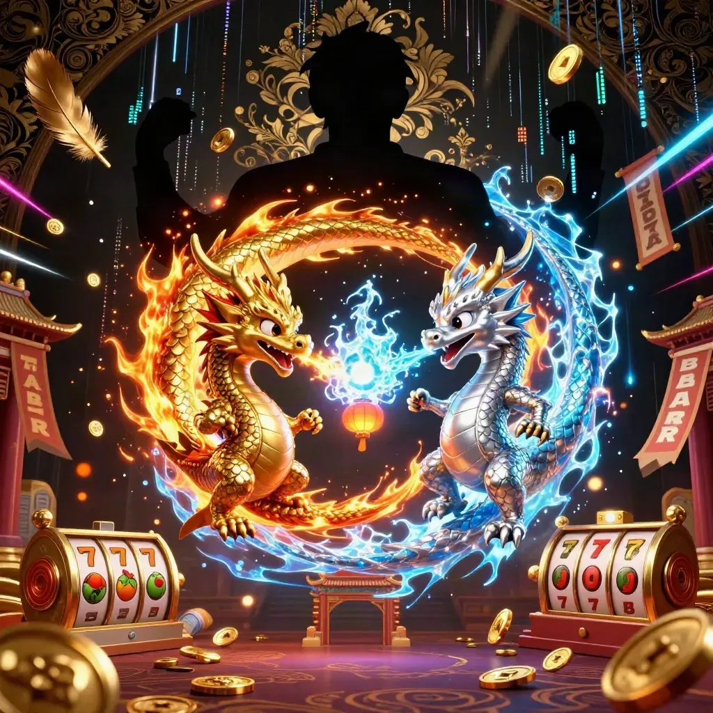 Twin gold and silver dragons spiral around a lantern spirit amid casino relics and neon energy.