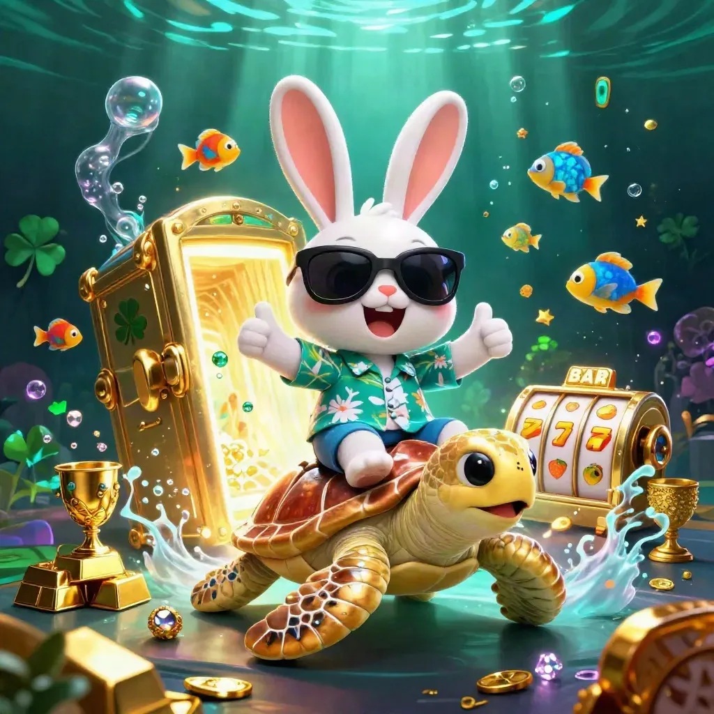 Lucky rabbit on a golden sea turtle bursting with treasure, neon casino magic in cyan and gold.
