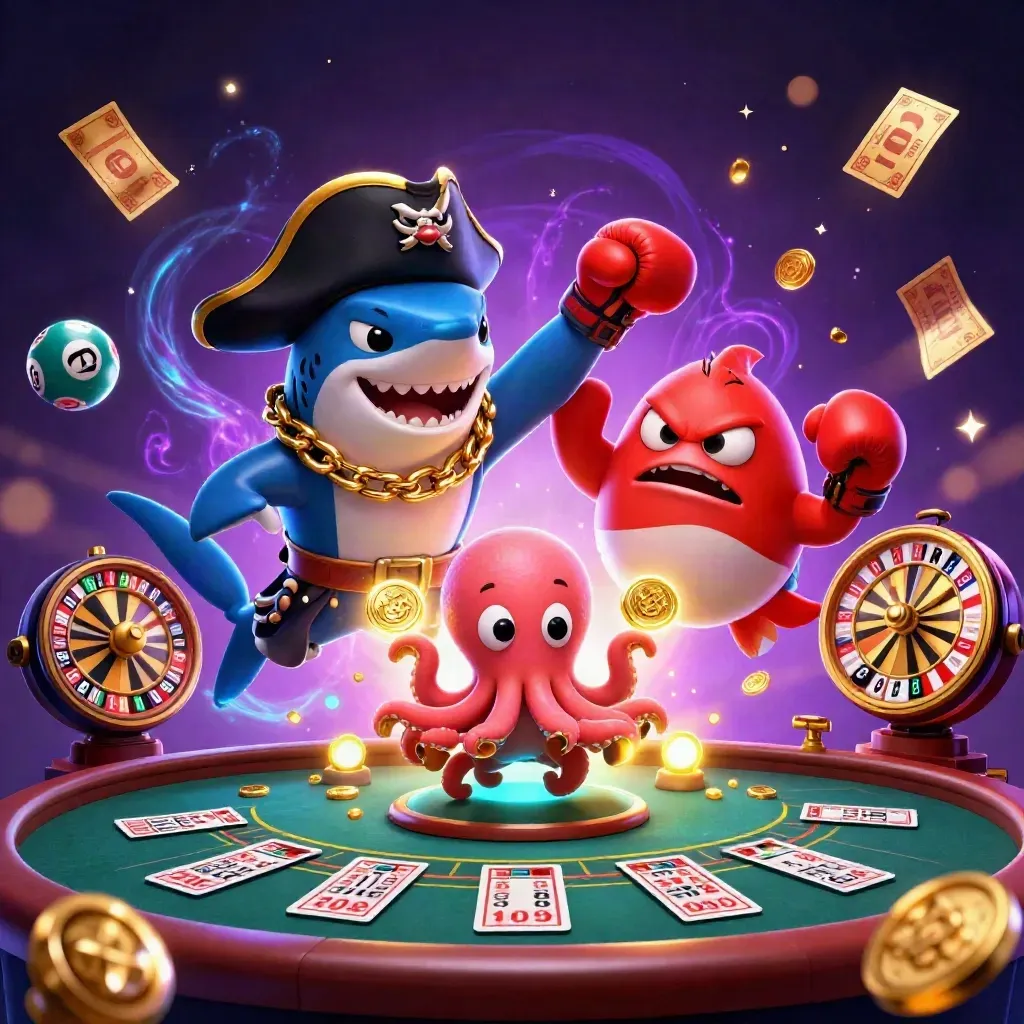 Shark pirate, boxing pufferfish, and coin-juggling octopus amid casino rewards and neon glow.