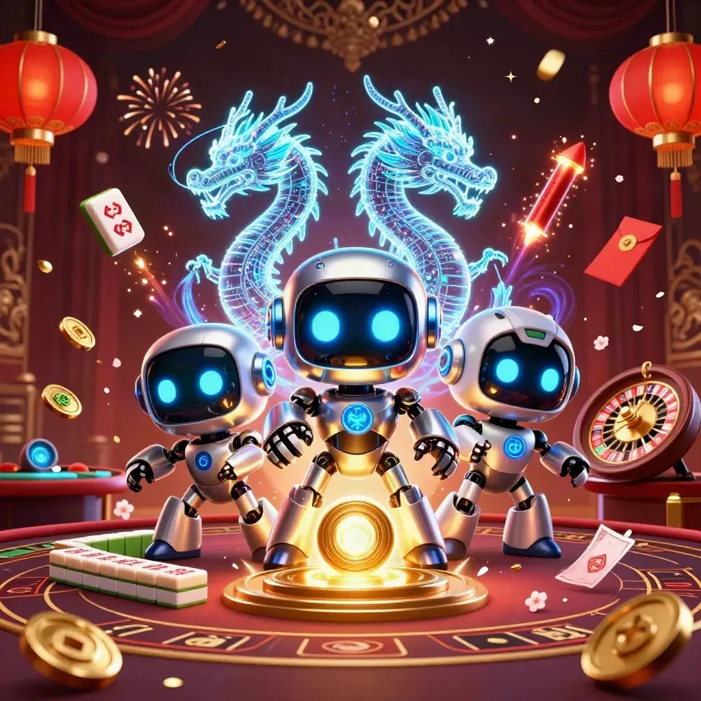 Cyberpunk robot, holographic dragon, and coin drone amid casino rewards and fireworks