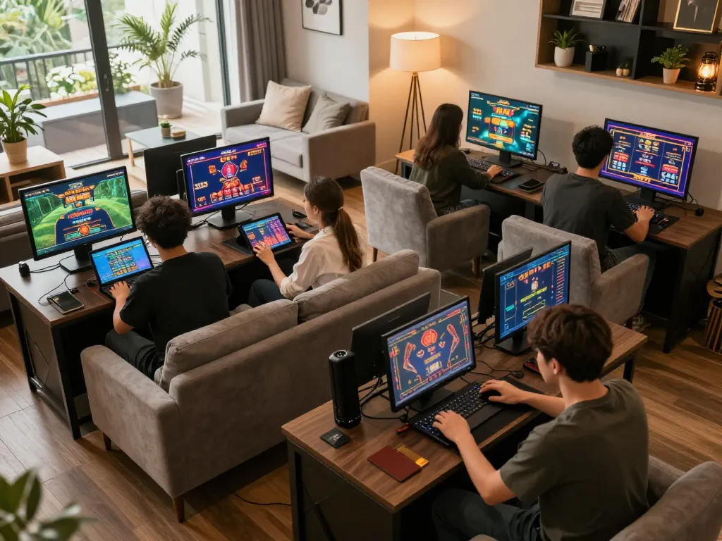 Bayvip players engaged in online gambling with laptops and tablets in a relaxed lounge atmosphere