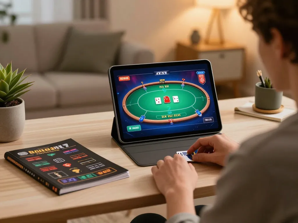 Hitclub user enjoying an online casino game on tablet during an organized home gaming session