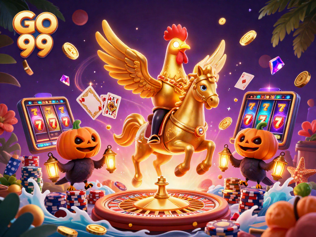 Experience GO 99 with bold golden roosters and colorful casino elements in a vibrant 3D scene.