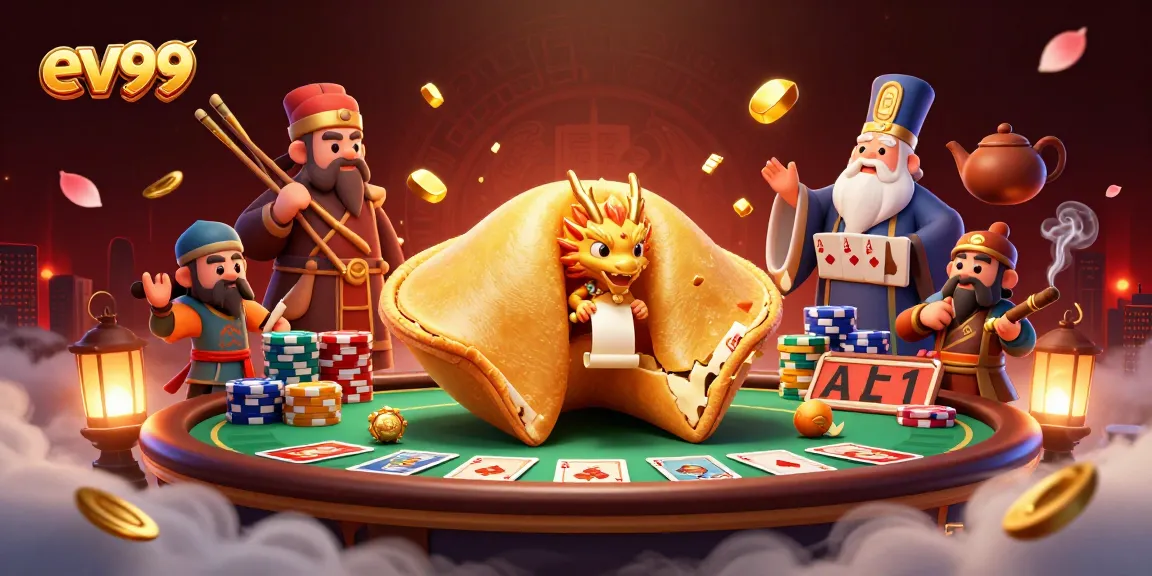 Engage with ev99’s vibrant gaming scene featuring a golden cookie and poker action.