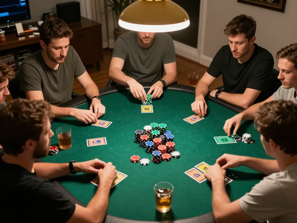 Players engage in a competitive poker game during a home night, showcasing strategic play with 888bgo.