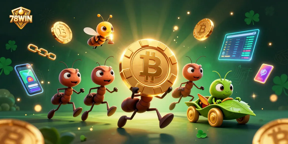78WIN showcases a vibrant, animated 3D scene with ants stealing a golden poker chip, symbolizing thrilling gaming action.