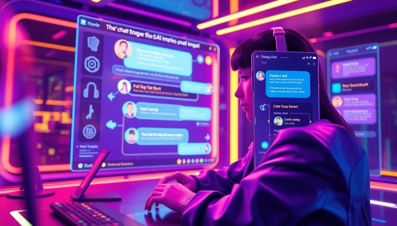 Engaging NSFW AI interaction in a futuristic digital interface showcasing vibrant characters and chat features.