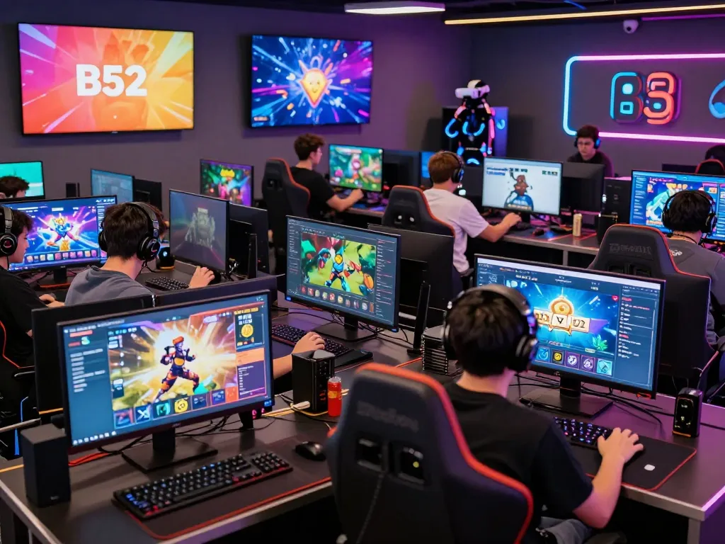 B52 online gaming platform showcasing players engaging in various thrilling games with vibrant screens and rewards.