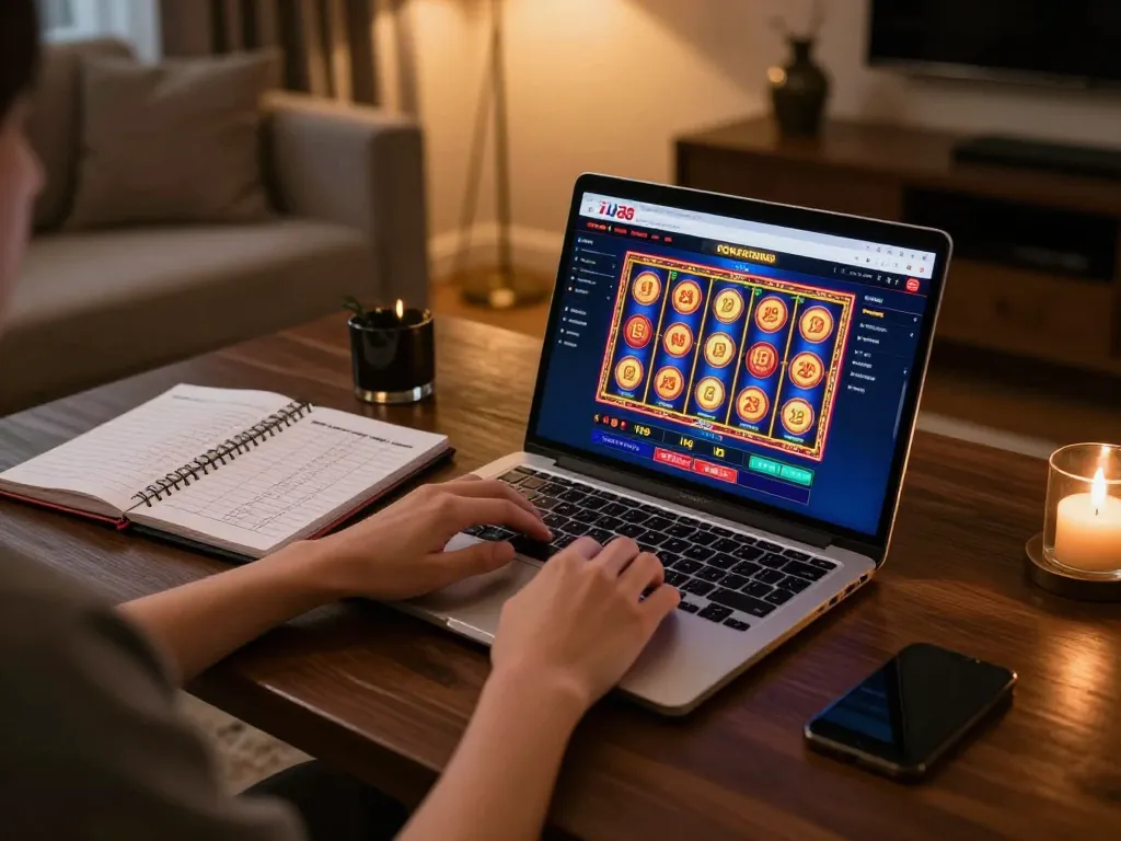 Person engaging with FLY88 online gaming setup displaying exciting slot game interface and betting strategies.
