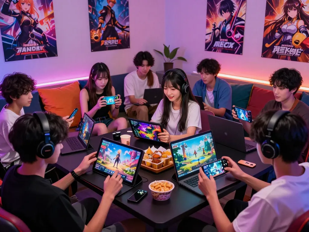 Engaging players immersed in porn games on various devices, vibrant animated characters and fantasy settings.