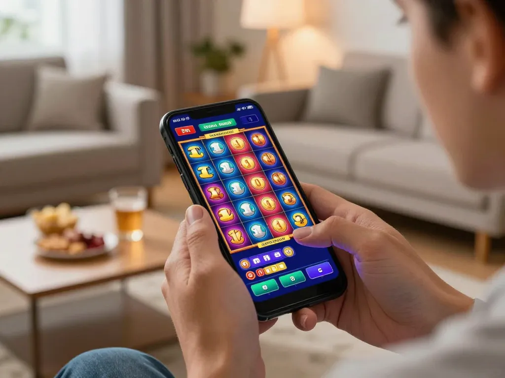 Engaging user playing 789WIN slot games on smartphone in cozy living room setting.