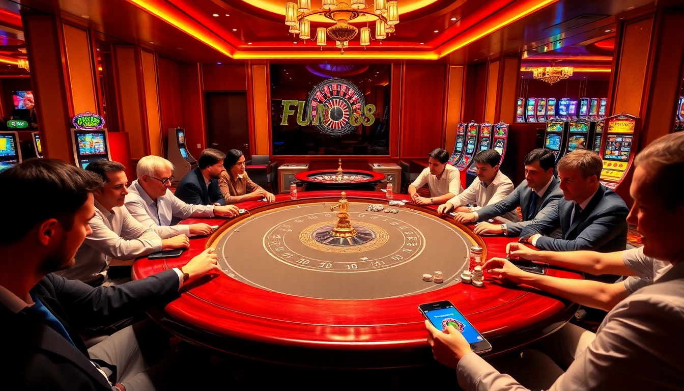 Engaged players at Fun 88's vibrant poker scene in a luxurious casino atmosphere.