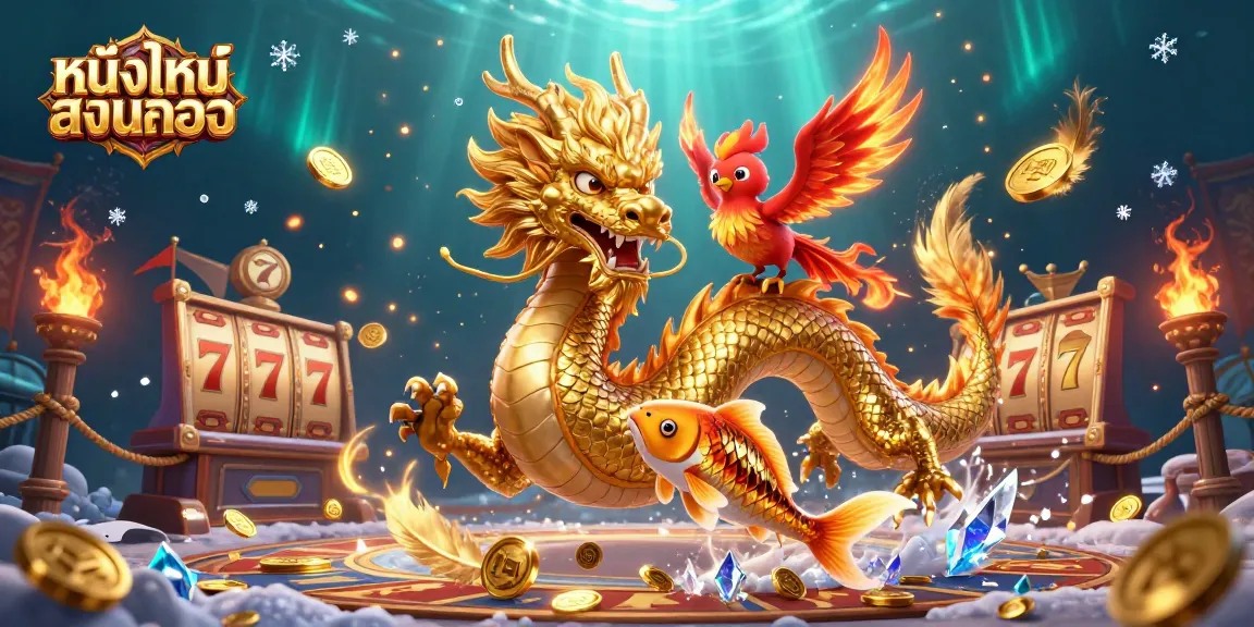 Experience thrilling หนังใหม่ชนโรง action with our vibrant casino scene including a dragon, phoenix, and koi fish amidst gold coins.