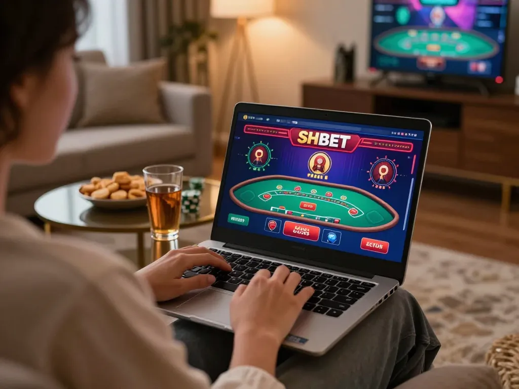 Engaging SHBET online gaming experience in a cozy home setting using a laptop.