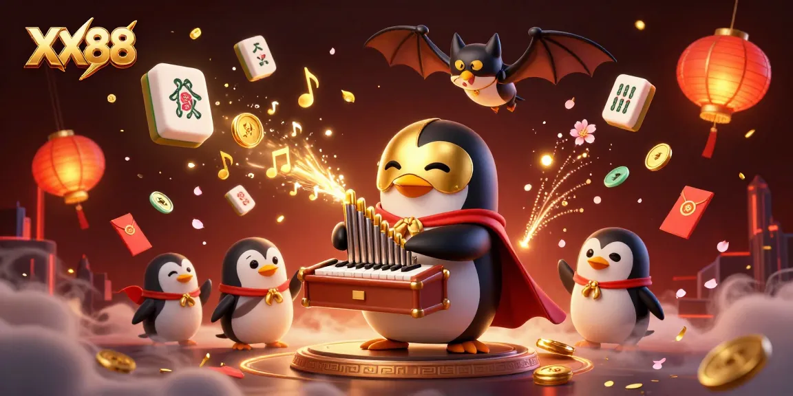 Engage with XX88's thrilling casino atmosphere featuring a golden penguin and a bat acrobat.