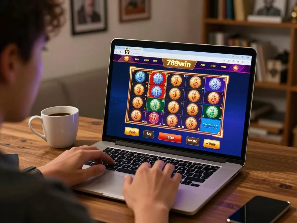 Player enjoying 789win online casino experience on a laptop in a cozy home setting