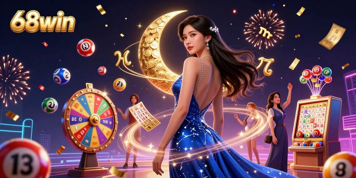Experience exciting wins with 68win as colorful lottery balls bounce and celebrate in a vibrant casino atmosphere.