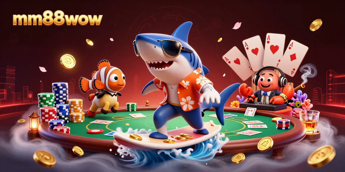 Engage in the excitement of mm88wow as a shark surfs gold coins with poker elements in a vibrant casino scene.