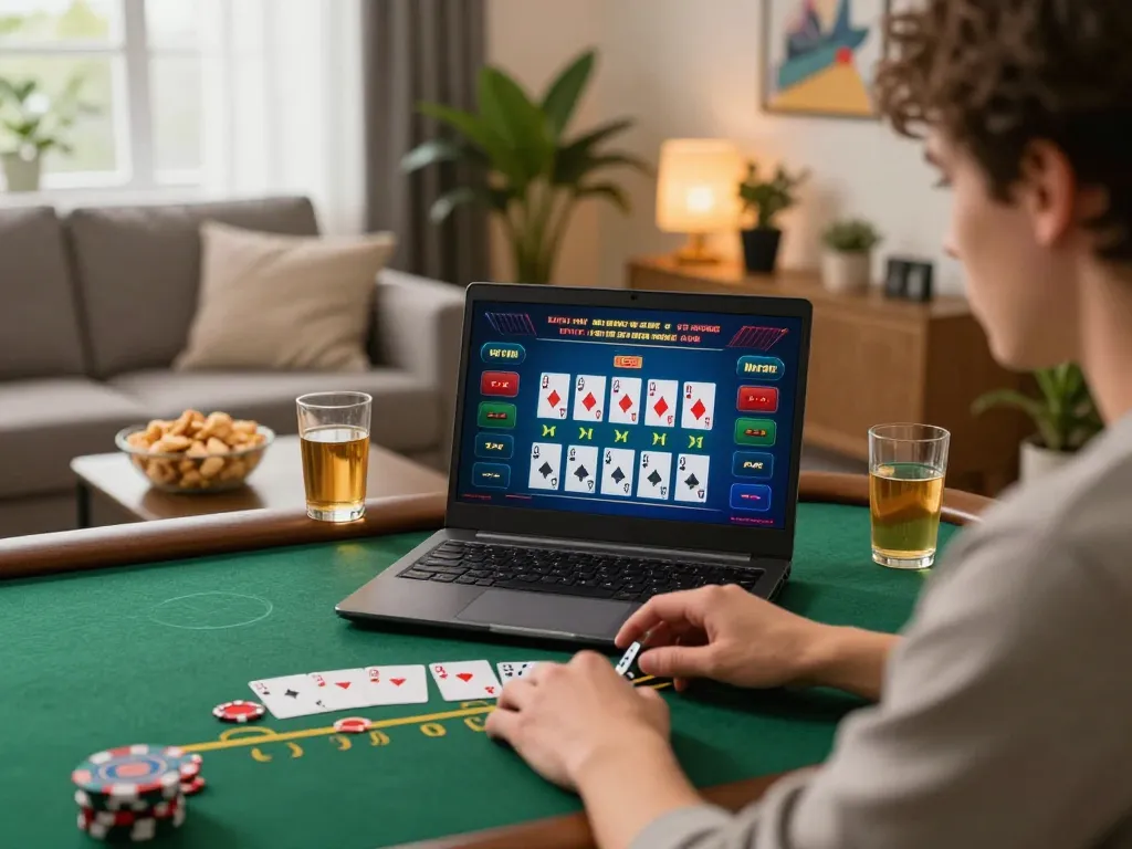 BL555 player engaged in strategic blackjack gameplay at home with focused expression.