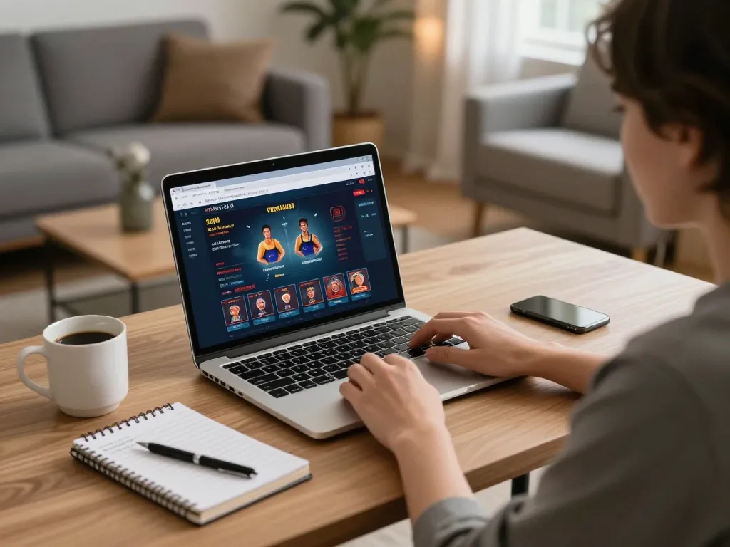 Person enjoying responsible online gambling at home with nha cai uy tin on laptop screen