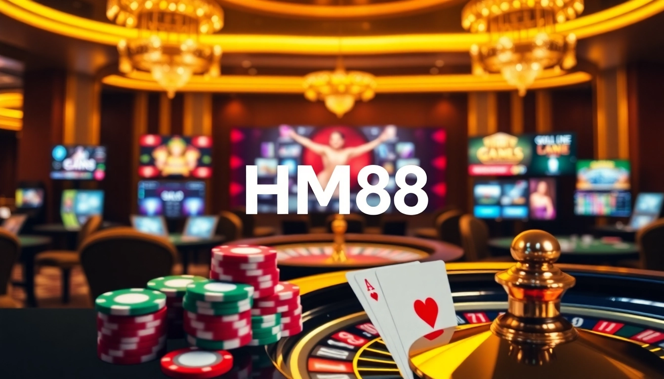 Play at HM88 casino with engaging poker chips and a vibrant roulette wheel backdrop.