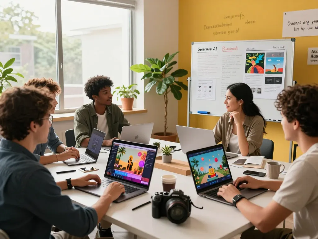 Creative team utilizing Seedance AI for video production in a bright, collaborative workspace.