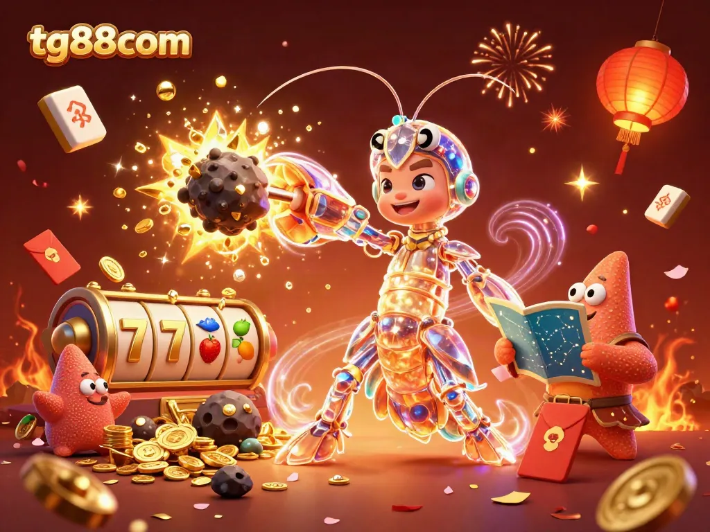 Engage in thrilling gameplay at tg88com with dynamic slot reels surrounded by vibrant golden gems and festive elements.