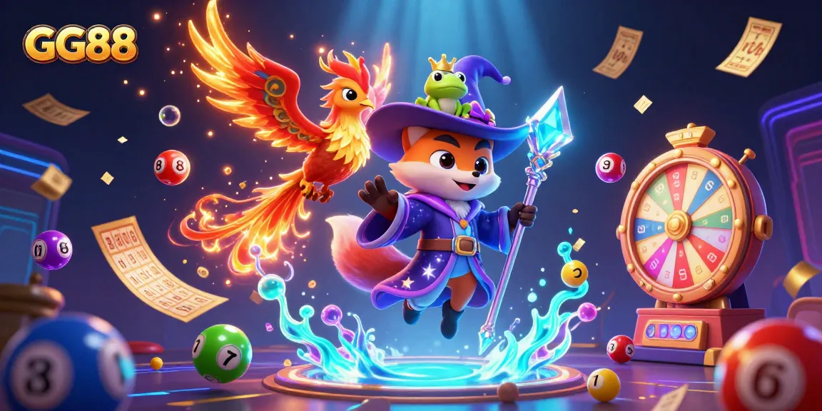 Engage with GG88 through a magical casino scene filled with colorful lottery elements and rich detail.