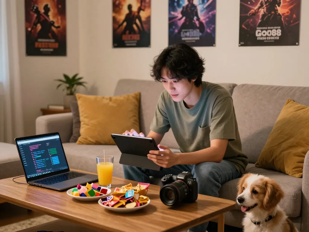 Engaged player enjoying Go88 on a tablet in a cozy living room filled with snacks and games.