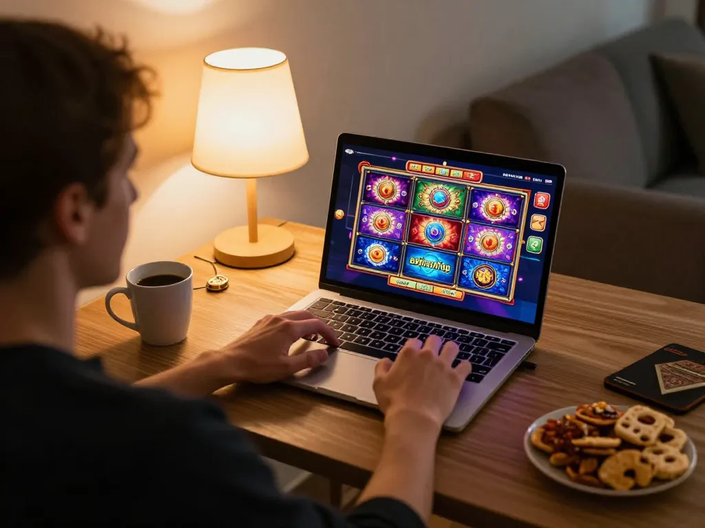 Engaged player enjoying slot games on laptop at home using 92slot com interface