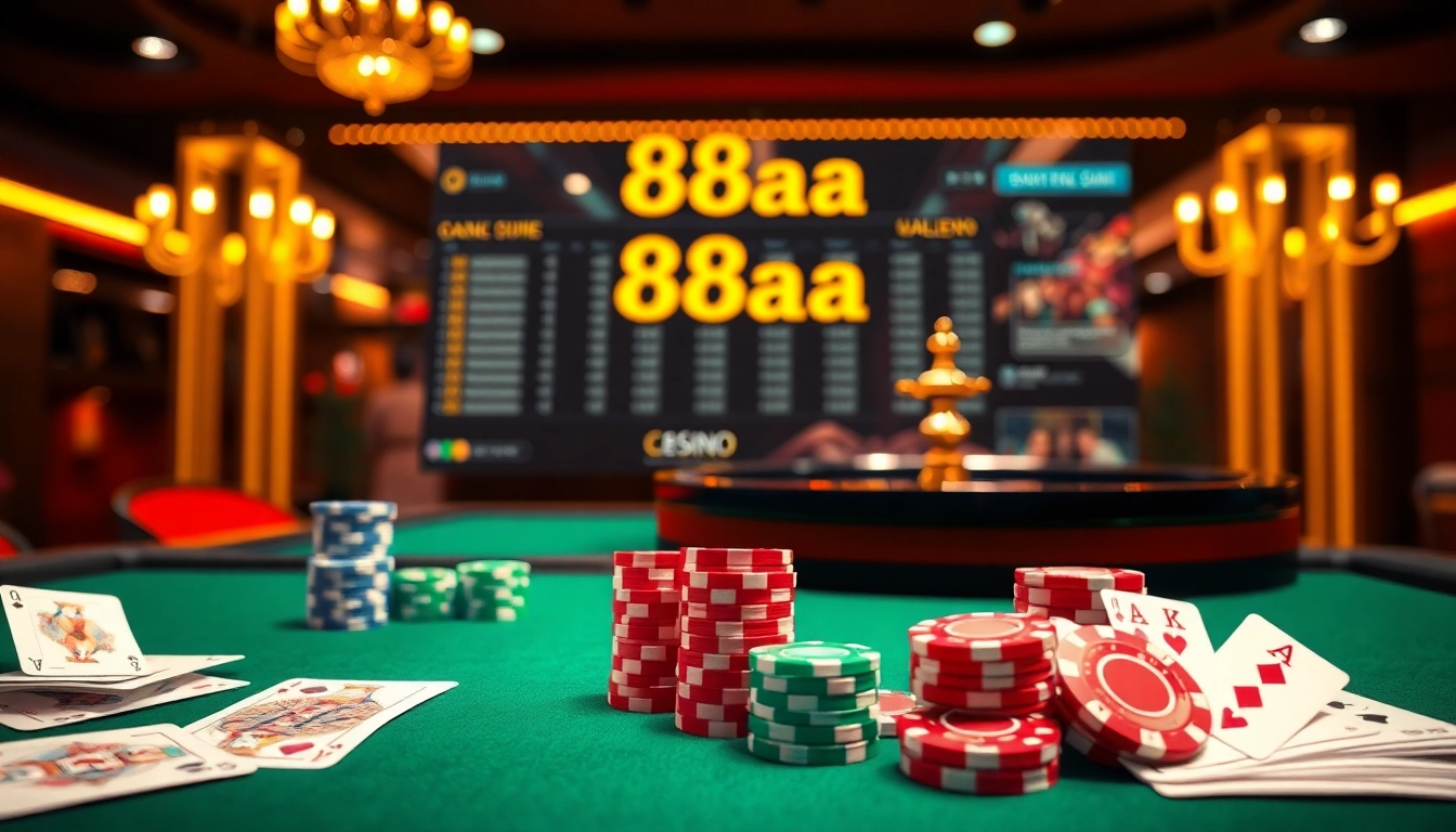 Experience the thrilling games of 88aa at a luxurious casino table with vibrant chips and cards.