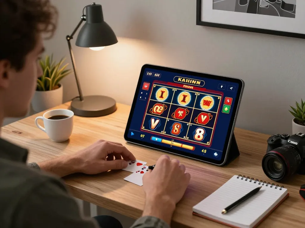 abc8go user enjoying online slot games from the comfort of a stylish home office, showcasing excitement and strategic gameplay.
