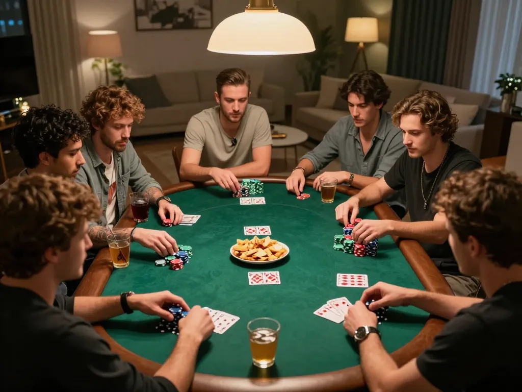 Enjoying a home poker night with friends, showcasing nhacaiuytinn's vibrant atmosphere, chips, and competitive gameplay.
