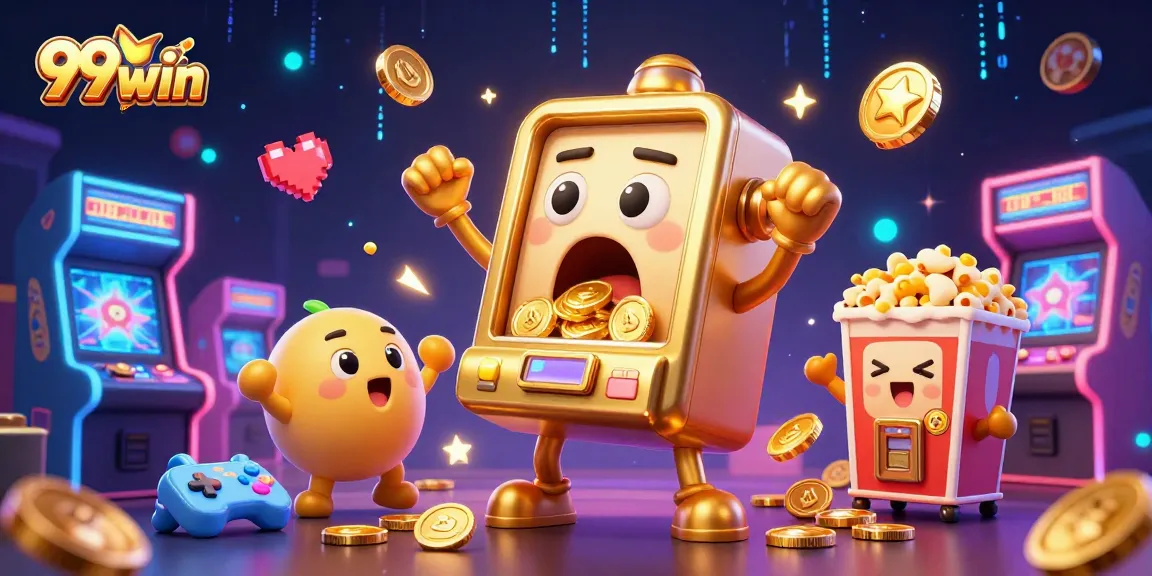 99win slot machine hits a jackpot, showering coins in a lively casino scene